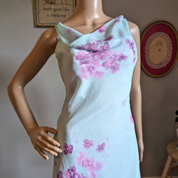 Vintage 90s Teeze Me Floral Dress Midi Watercolor Blue Cowl Jrs Size 3 - Picture 5 of 9